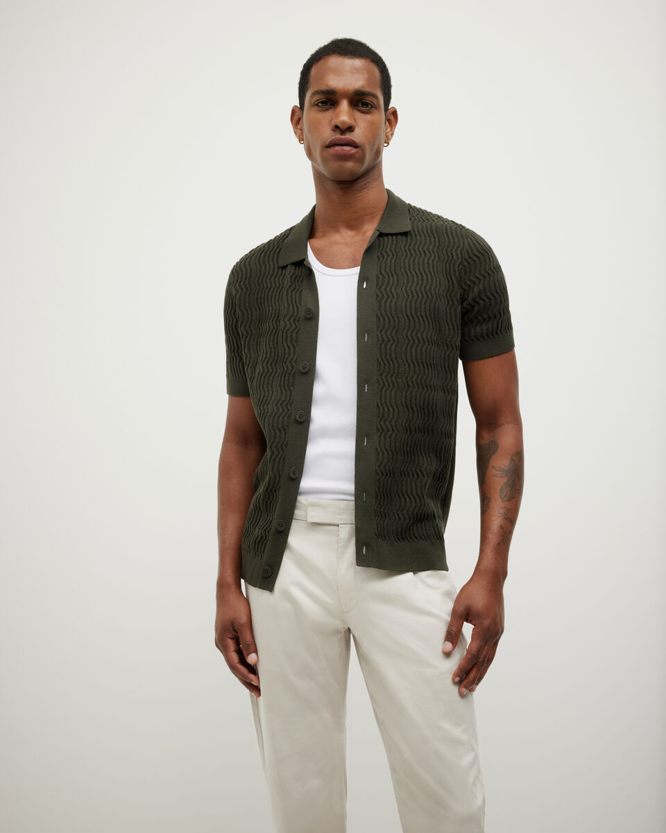 Wave Knit Button Down Short Sleeve Shirt, Khaki, hi-res
